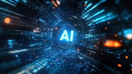 "Futuristic AI Technology Concept with Holographic 'AI' on Glowing Cyber Background, Embracing Virtual Reality and cutting-edge Future Innovations"