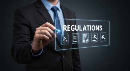 Businessman interacting with digital screen displaying the word regulations