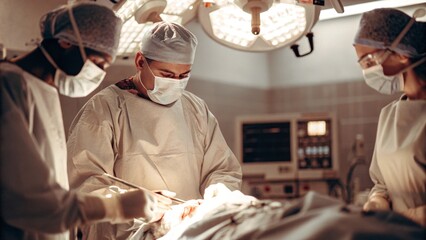 A team of surgeons in an operating room performing a surgical procedure. Bright medical lights illuminate the scene, with doctors focused on their precise work in a sterile environment