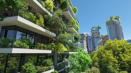 Fototapeta premium Vertical forests in urban architecture integrating trees and plants into skyscrapers to reduce air pollution.