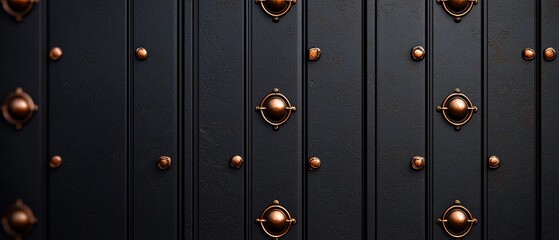Fototapeta premium Ornate Dark Door with Circular Metal Accents Detailed Craftsmanship and Vintage Charm Captivating Visual Texture