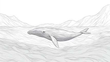 Obraz premium Whale in the Arctic Sea with Mountain Backdrop Delicate Line Drawing