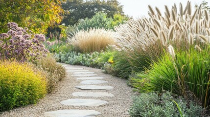 Serene garden pathway surrounded by vibrant flowers and soft grasses, perfect for relaxation and tranquility, embodying natural beauty in every season