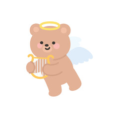 Angel Bear Standing Holding Golden Lyre with Blue Wings