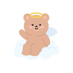 Adorable Angel Bear Sitting on a Cloud and Waving Hello
