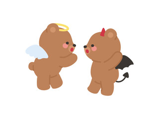 Cute Angel and Devil Teddy Bears Facing Each Other in a Playful Interaction