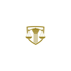 Law symbol logo, scale justice and shield icon isolated on white background