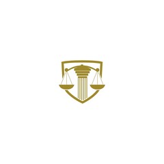 Law symbol logo, scale justice and shield icon isolated on white background