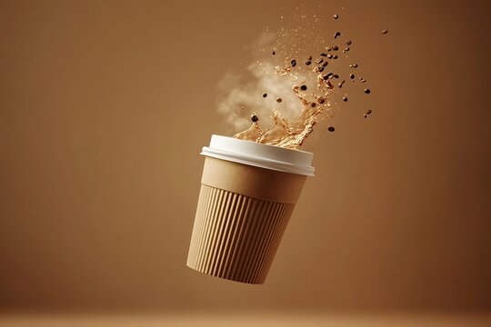 Dynamic coffee splash captured in mid-air, evoking energy and morning routine