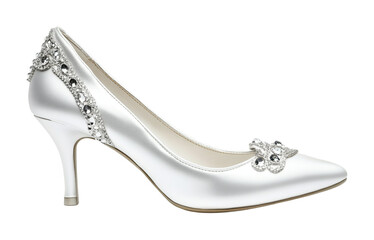 Elegant white high heel shoe adorned with crystals for special occasions and events like weddings and parties, cut out