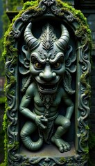 Fototapeta premium Intricate demon carvings, mossy Balinese backdrop, dark green, folklore