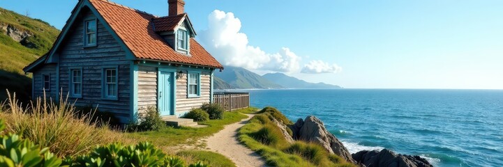 Naklejka premium Quaint seaside cottage, weathered wood, ocean view, garden, charming, rustic