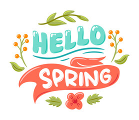 Hello Spring. Beautiful vector illustration with lettering, adorned with delicate plant branches and blossoms, capturing the freshness and rejuvenation of the spring season.