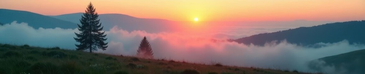 Misty dawn, fir trees stand solitary in fog-shrouded meadow between rolling hills , hills, rural