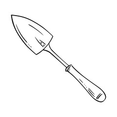 Obraz premium Garden trowel. Minimalist vector illustration of plant spade. Perfect for gardening projects, landscaping, construction and spring planting visuals, sign, label, sticker, card. Clean line art.