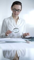 Businesswoman or accountant, wearing white casual shirt and glasses, is using magnifying glass and calculator to analyze financial documents in office setting. Audit and taxes in business