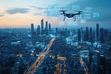 Naklejka premium Urban skyline transitions into a digital realm as a drone navigates the city at twilight
