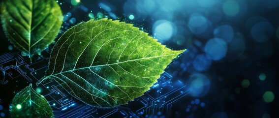 Glowing leaves with circuit board elements represent sustainable innovation in eco-friendly technology