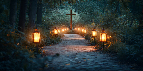 A serene pathway in the woods, illuminated by glowing lanterns, leading to a cross in the distance, evoking a sense of peace and spiritual reflection.