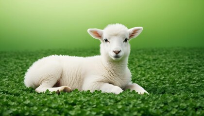 Fototapeta premium Spring Baby Lamb Resting In Green Clover Meadow Saint Patrick's Day. Copy space