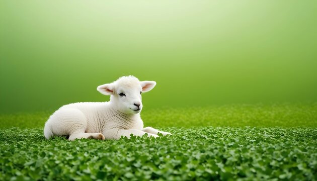 Adorable White Baby Lamb Lying On Clover Field With Fresh Green Background. Perfect For Spring And Saint Patrick's Day Seasonal Themes