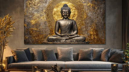 Buddha wall art above a cozy sofa with soft pillows and a peaceful interior setting