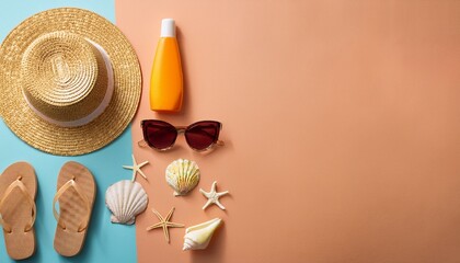 summer essentials laid out on a colorful background, including sunglasses, sunscreen, hat and sandals