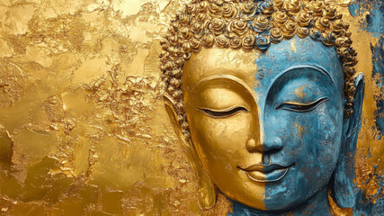 Close-up of a golden Buddha sculpture with serene facial expression