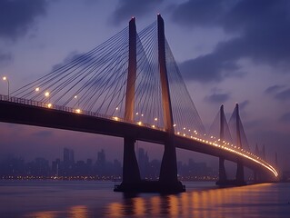 Sea bridge at twilight with city skyline background