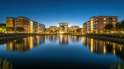 Obraz premium Illuminated Urban Night Scene with Reflections in Water