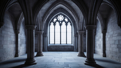 A gothic architectural theme in a catholic church or cathedral, with ornate stone patterns and detailed sculptural elements, typical of Gothic design, showing signs of age and weathering