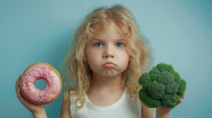 Little Girl Struggles to Choose Between a Colorful Donut and Fresh Broccoli in a Bright Blue Setting