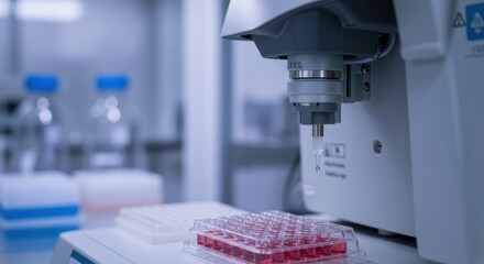 Automated Liquid Handling System Dispensing Red Liquid Into Multiwell Plate