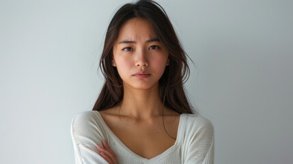 Obraz premium Sad Office Girl Sulking With Disappointment While Standing Against a Plain White Background