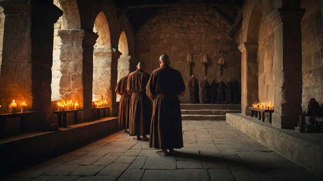 Medieval monks gathering for prayer in the church of a monastery