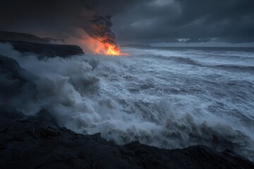 Obraz premium Fiery Lava Flow Meets Turbulent Ocean Waves Under a Dramatic Sky