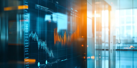 A high-tech digital financial graph displayed on a glass wall in a modern office, showing fluctuating market trends and stock analysis.