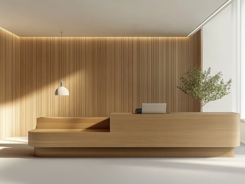 A wooden reception desk with a laptop and small plant