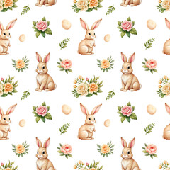 Seamless pattern  of watercolor cute Easter rabbits and design elements flowers. Easter bunny, eggs and flowers. 