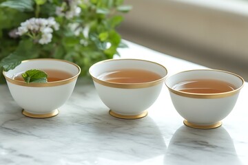Elegant gold-rimmed teacups arranged on a marble surface, perfect for a refined tea ceremony or gathering