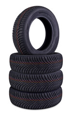 stack of new mud and snow m+s all or four season tires isolated on white background highlighting...