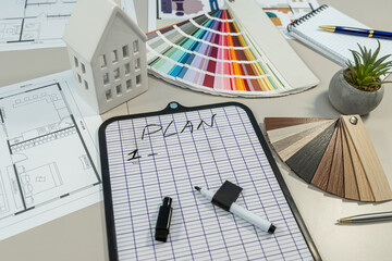 Housing blueprint and miniature housing model construction drawing. Architect Design Concept