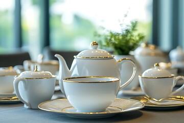 Elegant minimalist white and gold tea set on a table, perfect for sophisticated gatherings and afternoon tea