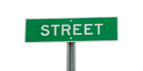Green Street Sign on White Background, City Signage, Urban Directional Marker, Roadway Sign, Cut Out