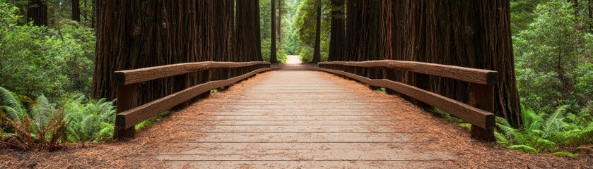 Obraz premium Inner Peace, Mental Health concept. Wooden bridge through a lush forest of towering trees and greenery.