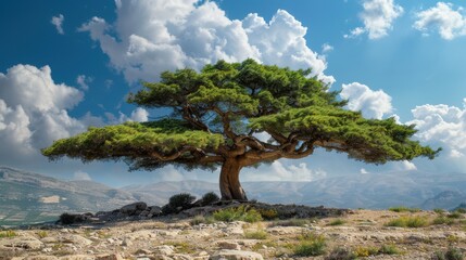 Obraz premium Majestic Tree Under Dramatic Sky with Clouds and Scenic Landscape Surrounding It