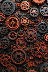 Fototapeta premium Intricate rusty gears interlock, creating a mesmerizing steampunkinspired collage. This image evokes concepts of industry, complexity, and the passage of time.