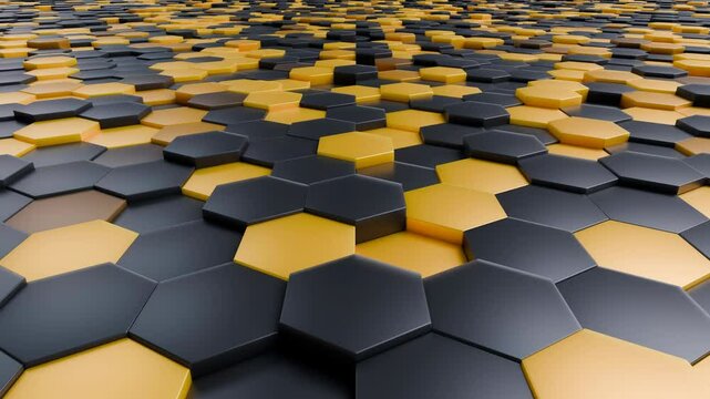 hexagon background video, abstract black and golden yellow geometric hexagonal 4k seamless loop, corporate technology wallpaper backdrop, copy space