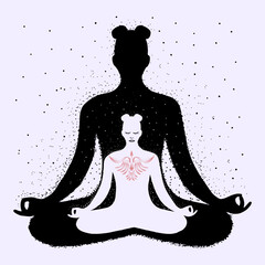 A woman meditates in the lotus position against a dark silhouette.