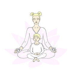 A boy and his mother meditate against the background of a lotus flower